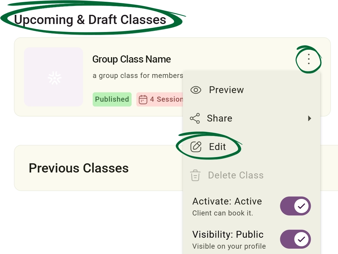 Open a Draft or Upcoming Group Class screenshot